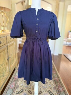 Navy Puff-Sleeve Drawstring Mini Dress